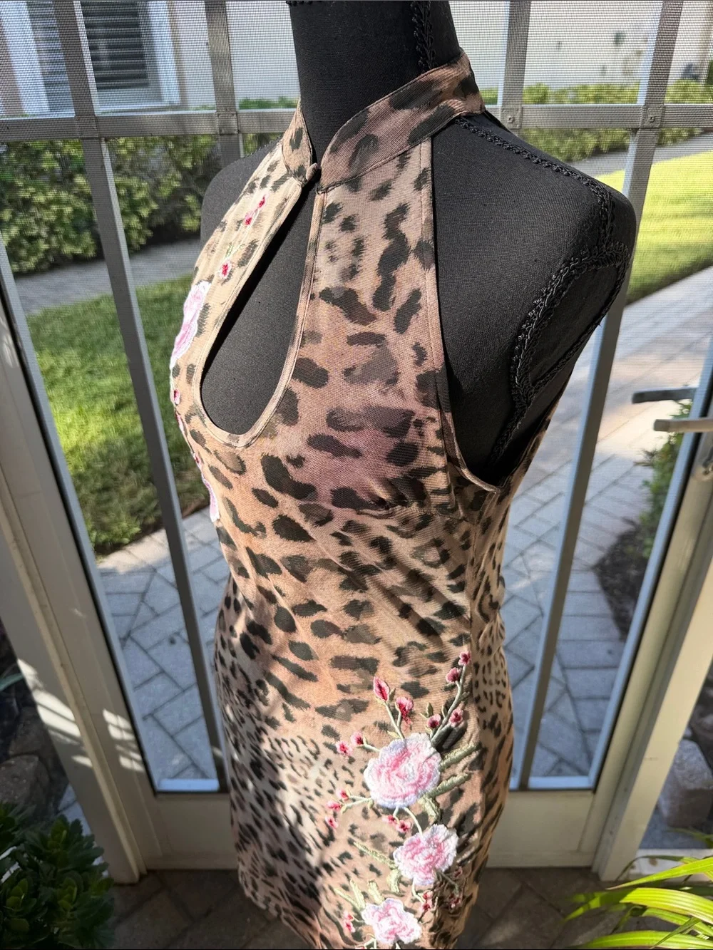 Leopard Print Halter Body Con Dress with Pink Floral Embroidery